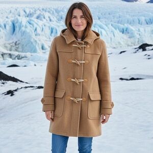 Women's Classic Tan Wool Toggle Duffle Coat, Plaid Lining, Timeless Style, Size